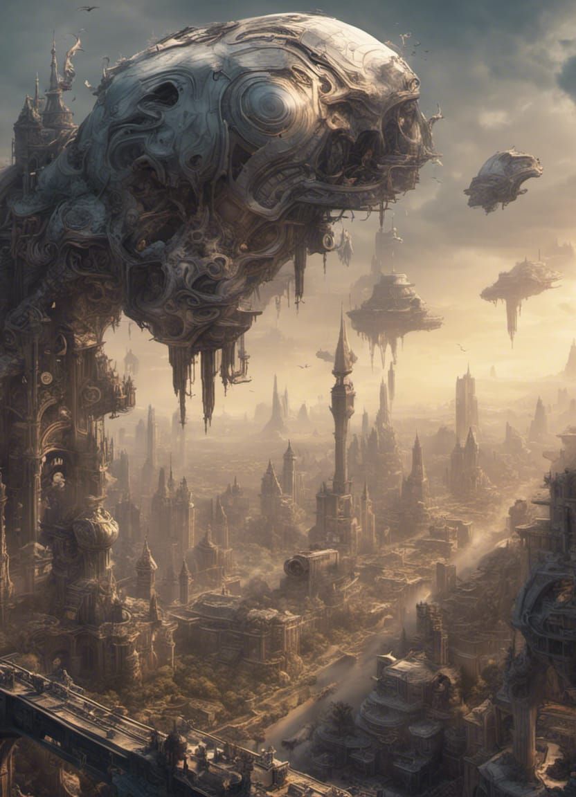 Epic Steampunk Cityscape with Biomechanical Dragons and Airs...