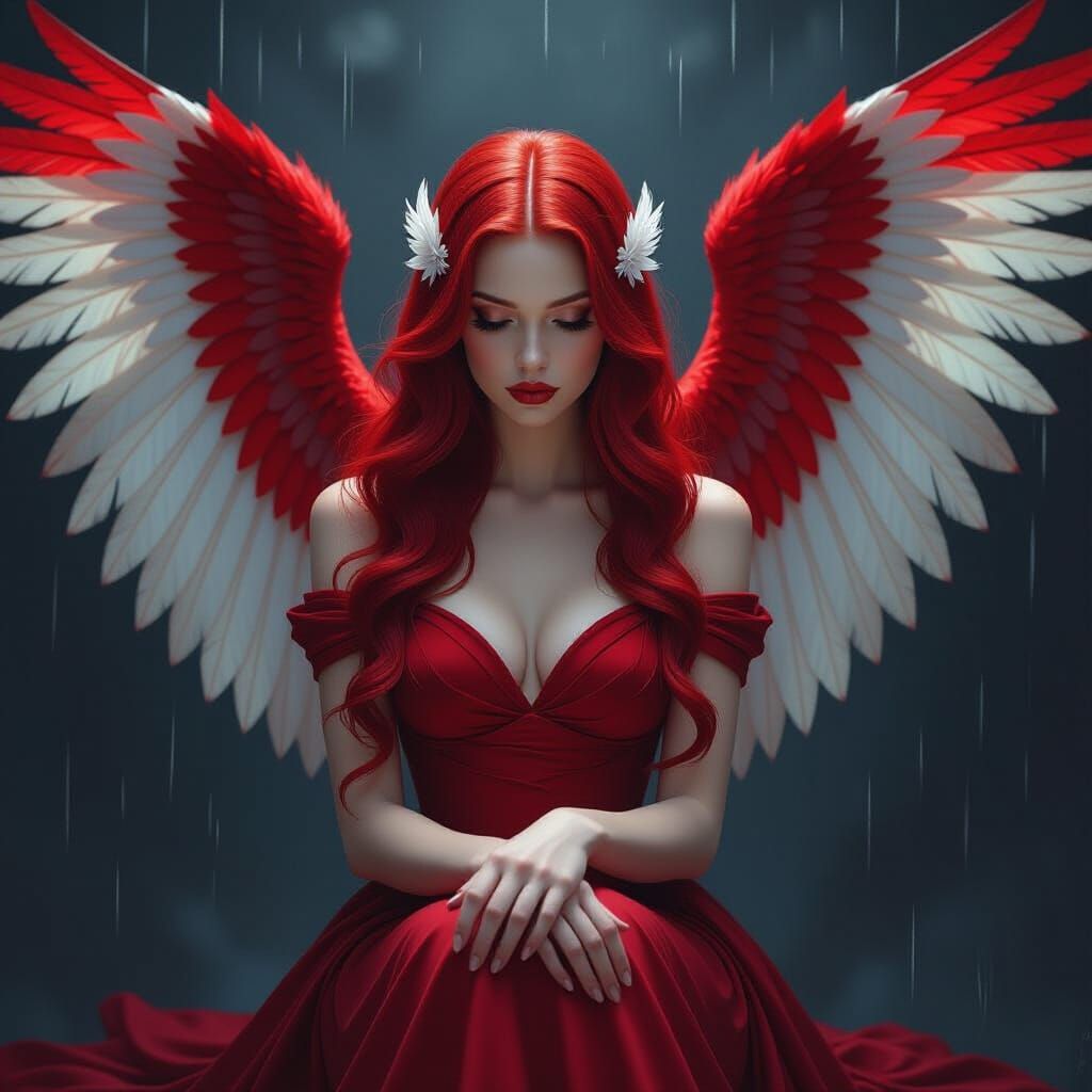 Ethereal Woman with Red Hair and Feathered Wings