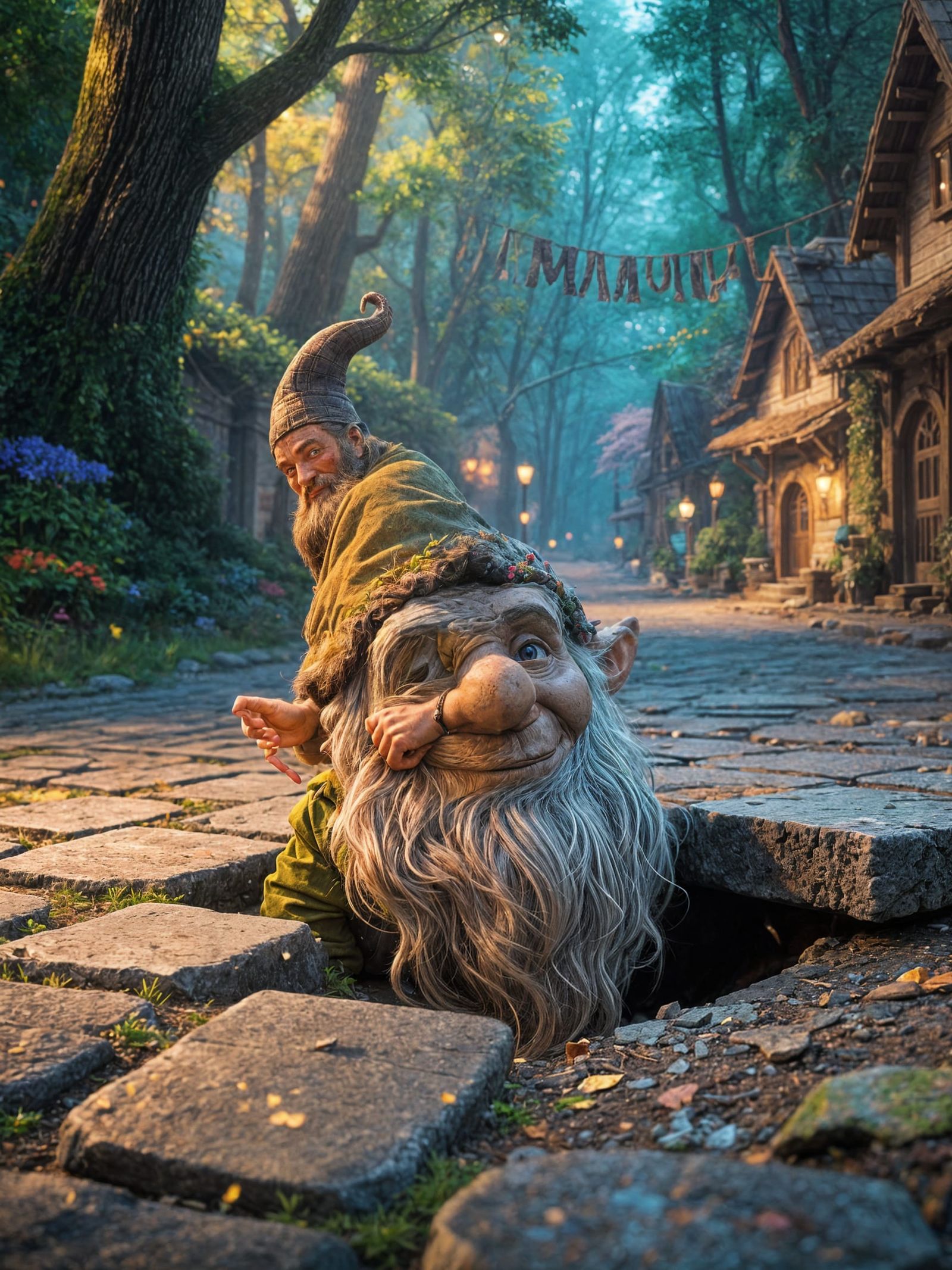 Gnome Head Emerges From Paving Stone in Forest Village