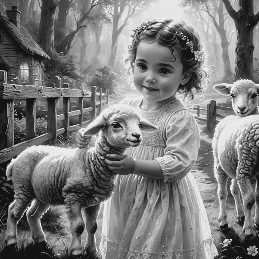 Baby Girl Feeds Lamb in Hyperrealistic Style