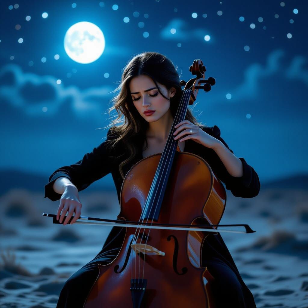 Cellist's Sorrowful Night Under Starlit Sky