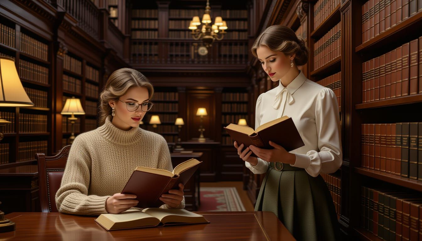 Hyperrealistic Library Scene with Two Women