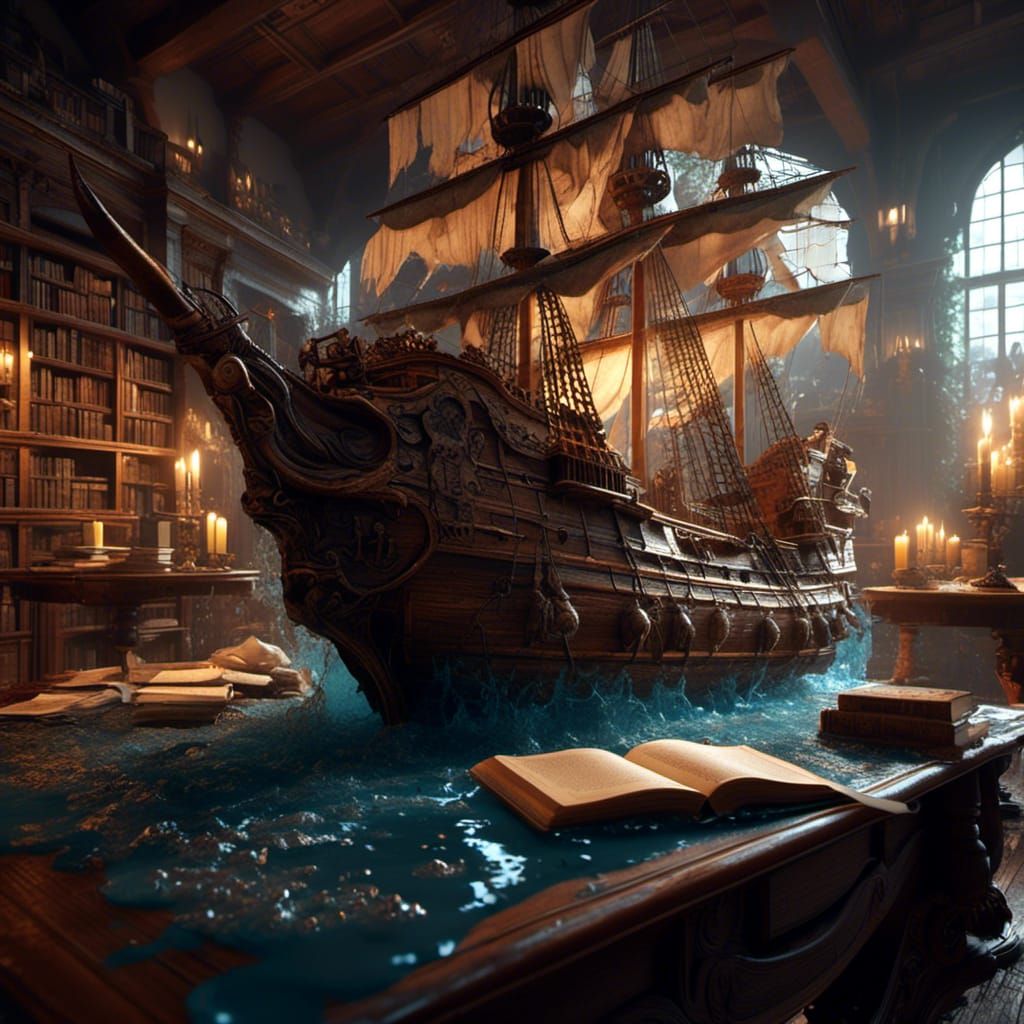 Dark Fantasy Pirate Ship in a Waterlogged Library Masterpiec...