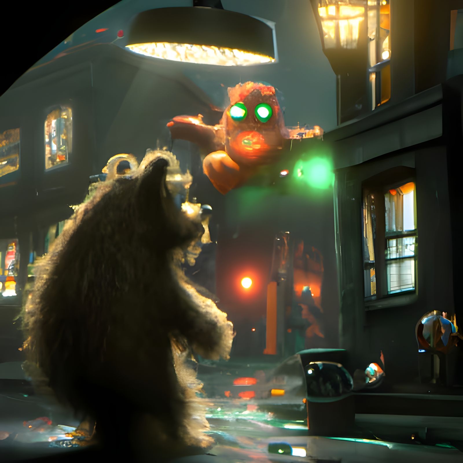 Fozzy Bear and UFO in Dark Alley, Fantasy Art