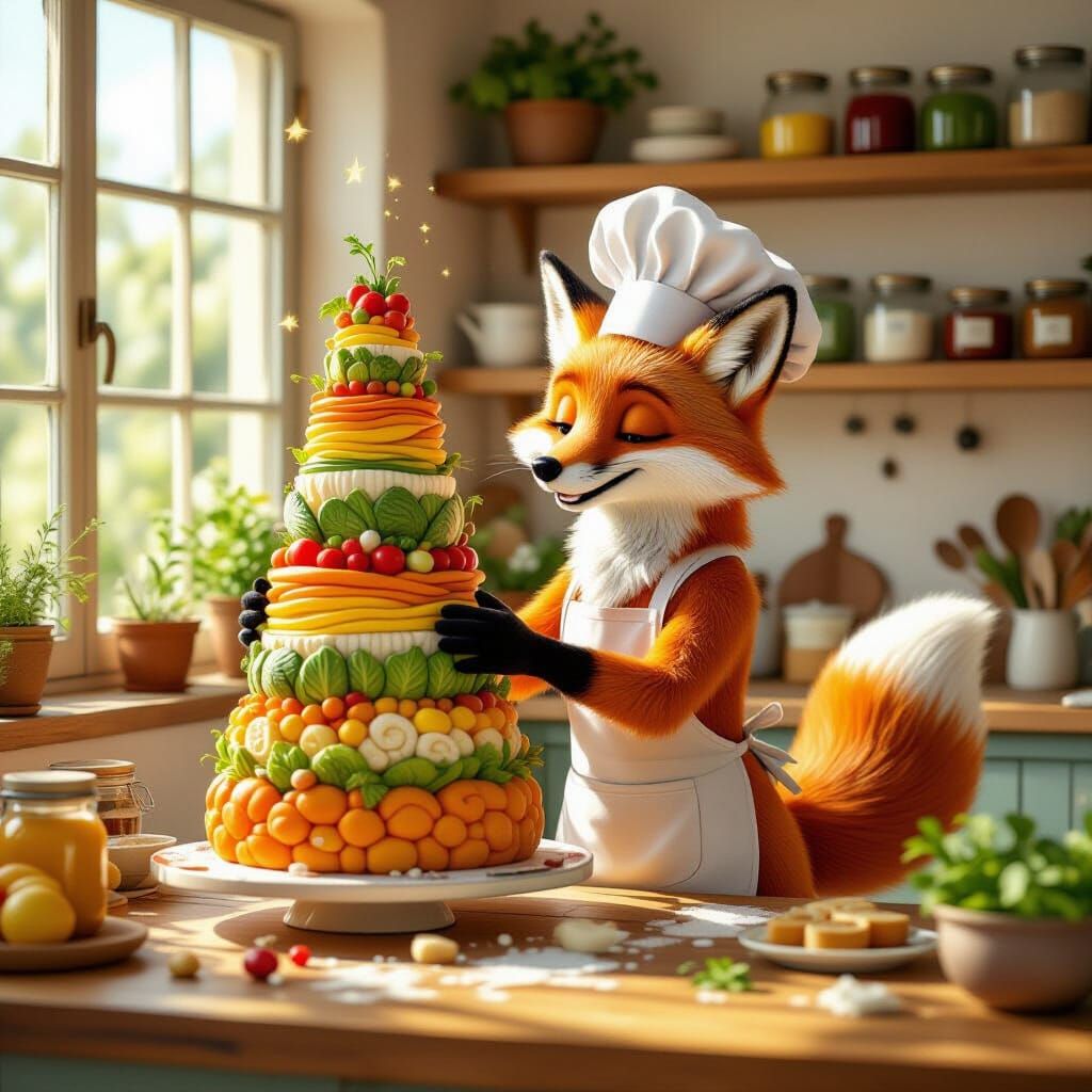 Anthropomorphic Fox Decorates Vegetable Cake in Rustic Kitch...