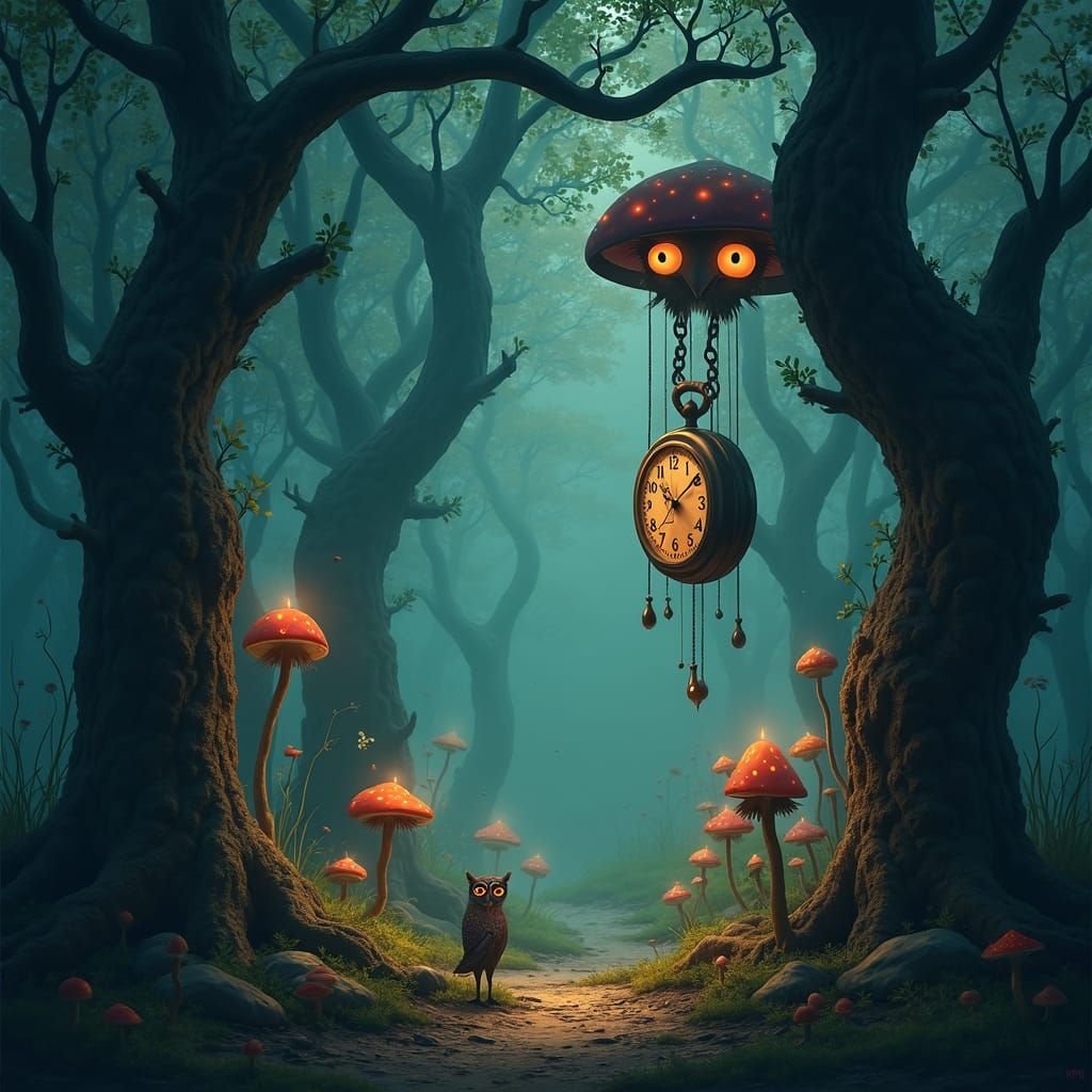 Surreal Forest: Melting Time and Galaxy-Eyed Owl