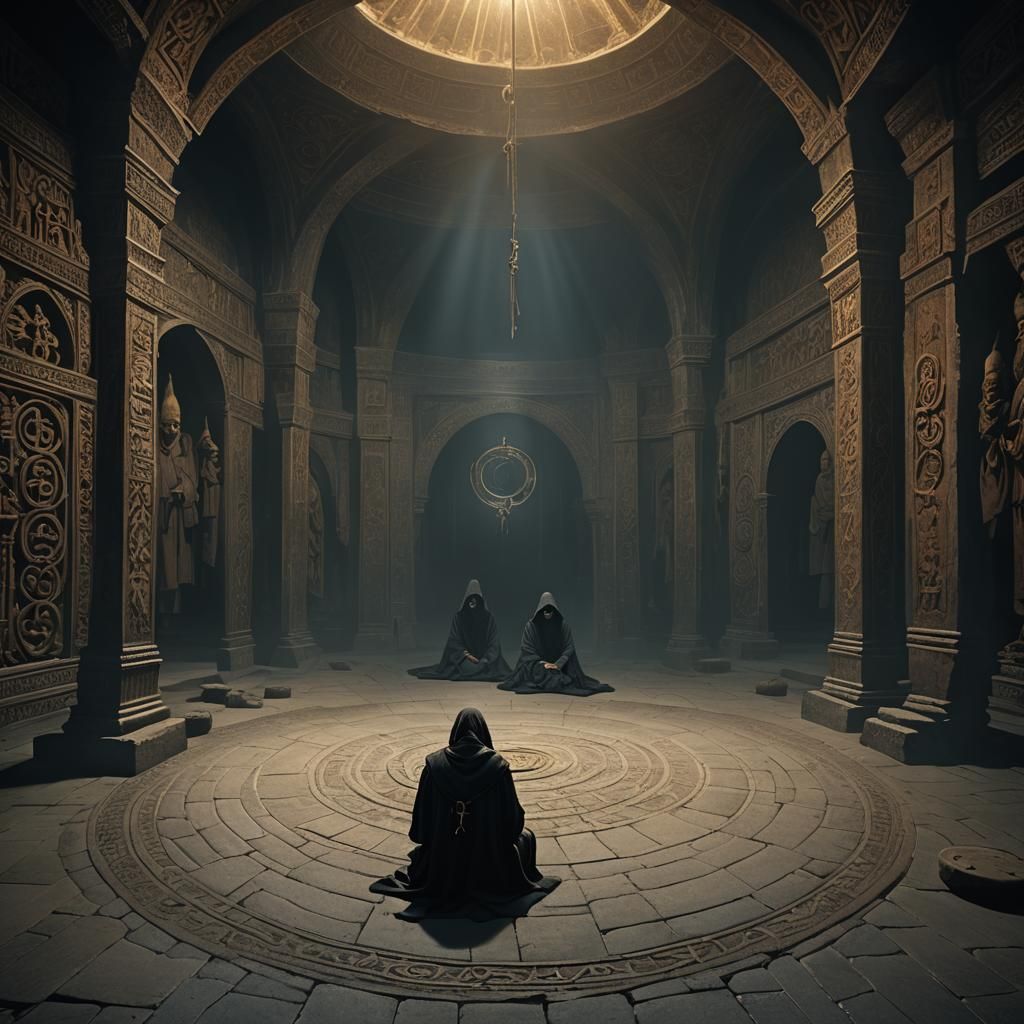 Kneeling Figure in a Dark Mystical Chamber