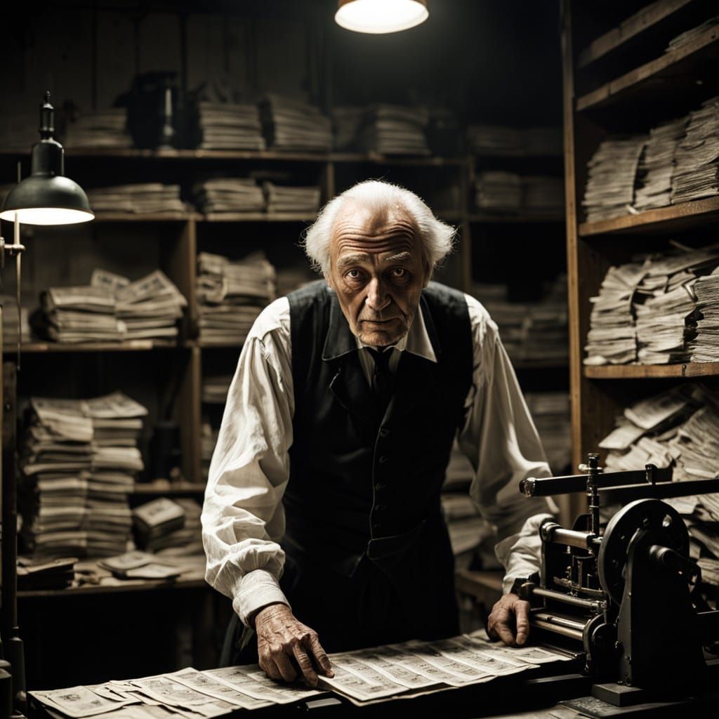 Elderly Printer in Dark German Expressionist Print Shop