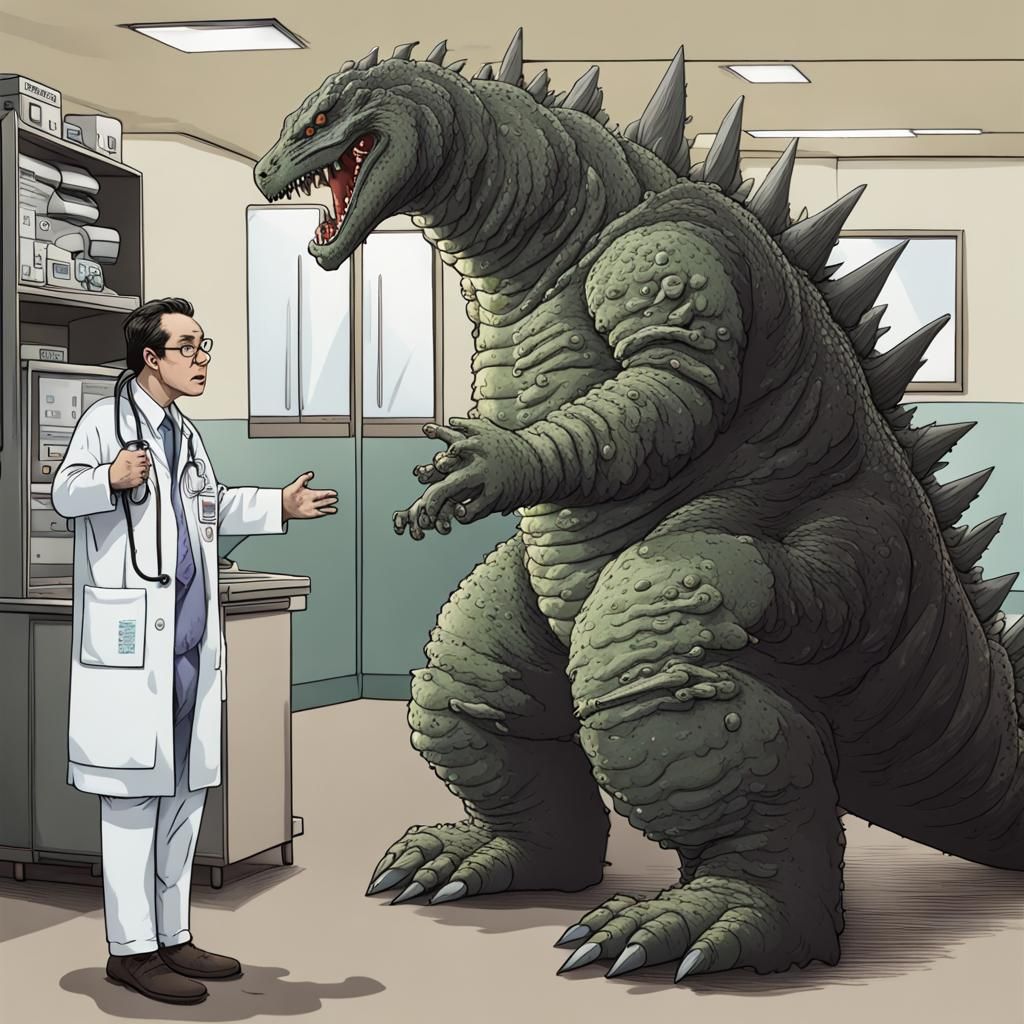 Cyberpunk Medical Doctor Godzilla in a Neon City