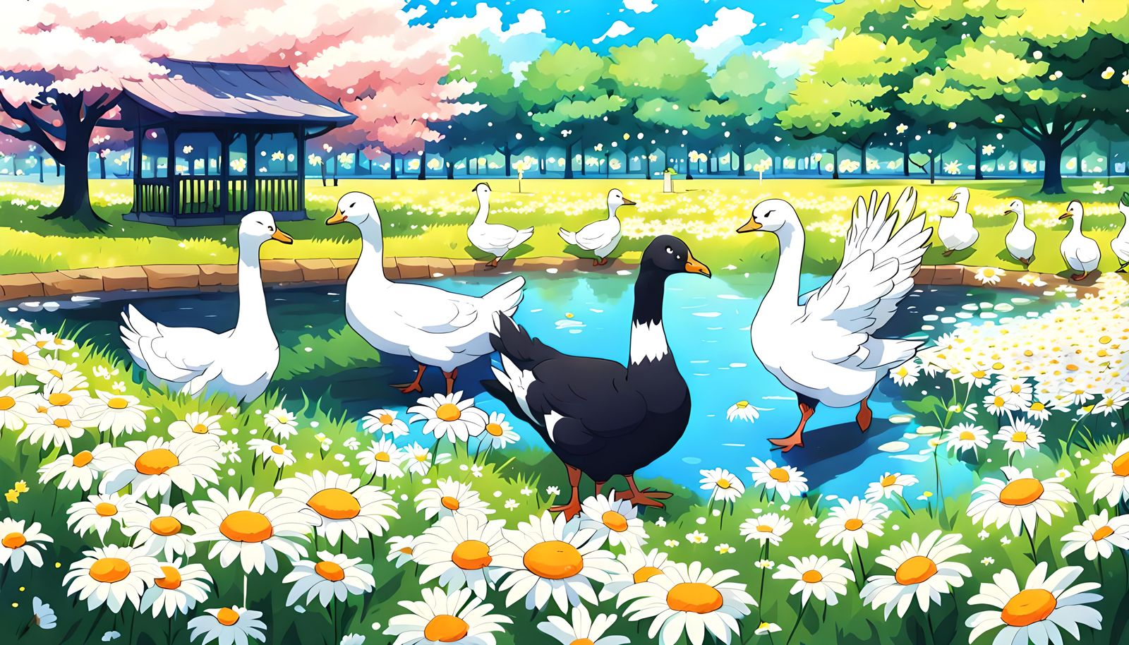 Geese Play Among Vibrant Daisies in a Japanese Park Scene