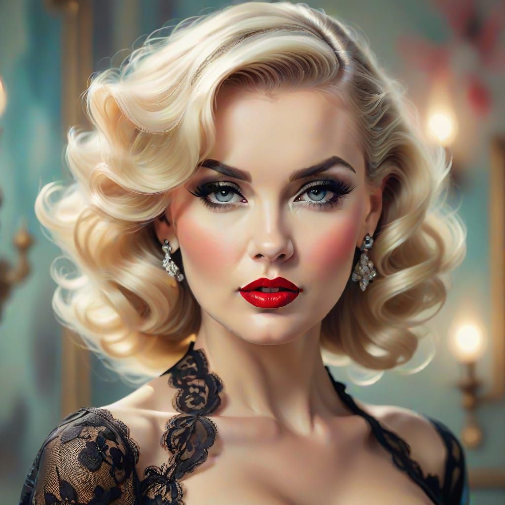 Glamorous Oil Painting of a Blonde Woman in Black Lace