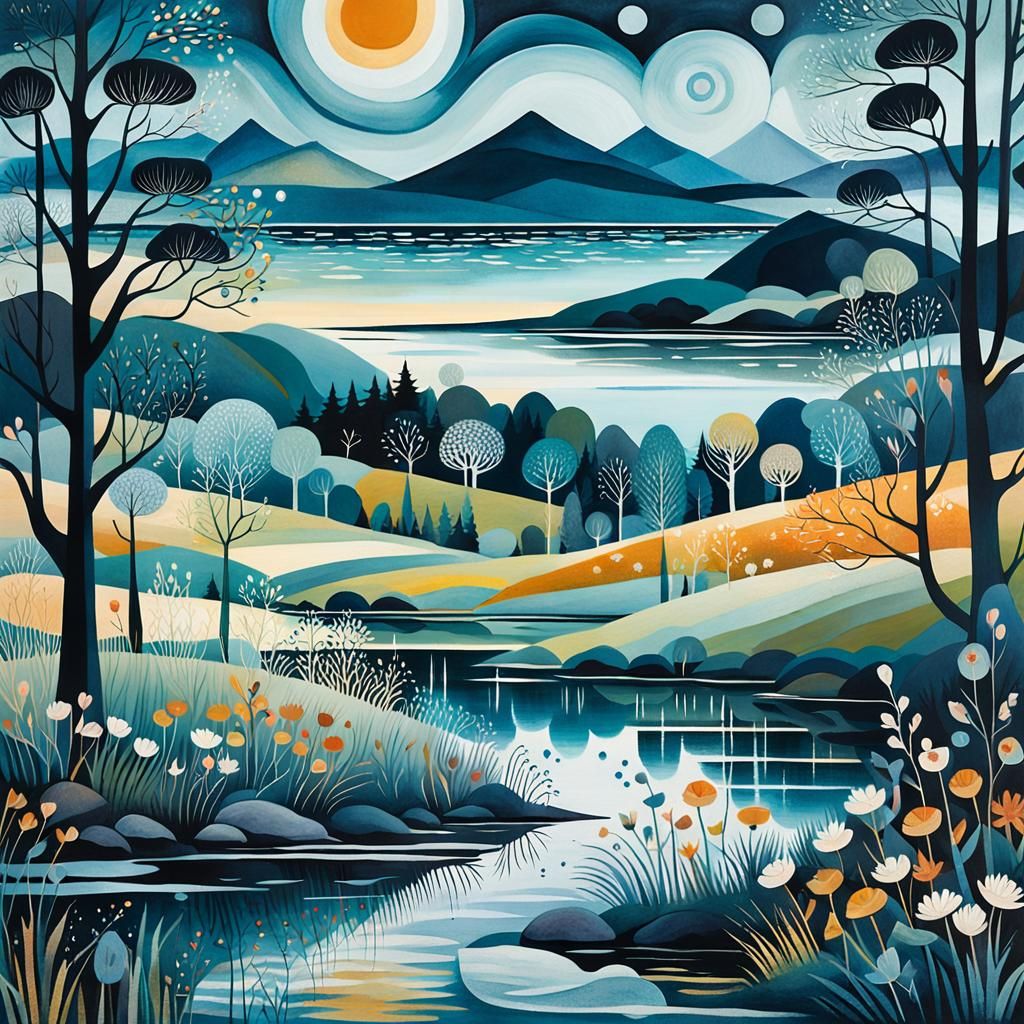 Whimsical Lakeside Scene in Vibrant Colors and Soft Light