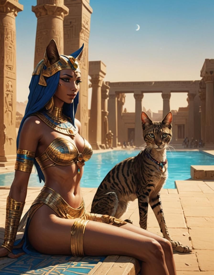 Egyptian Goddess Bastet with Feline Companions in a Sunlit O...