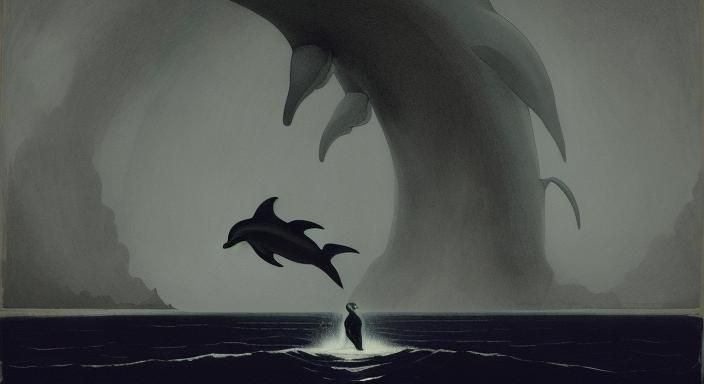 Dolphins Emerging from Dark Ocean Depths in Golden Ratio Com...