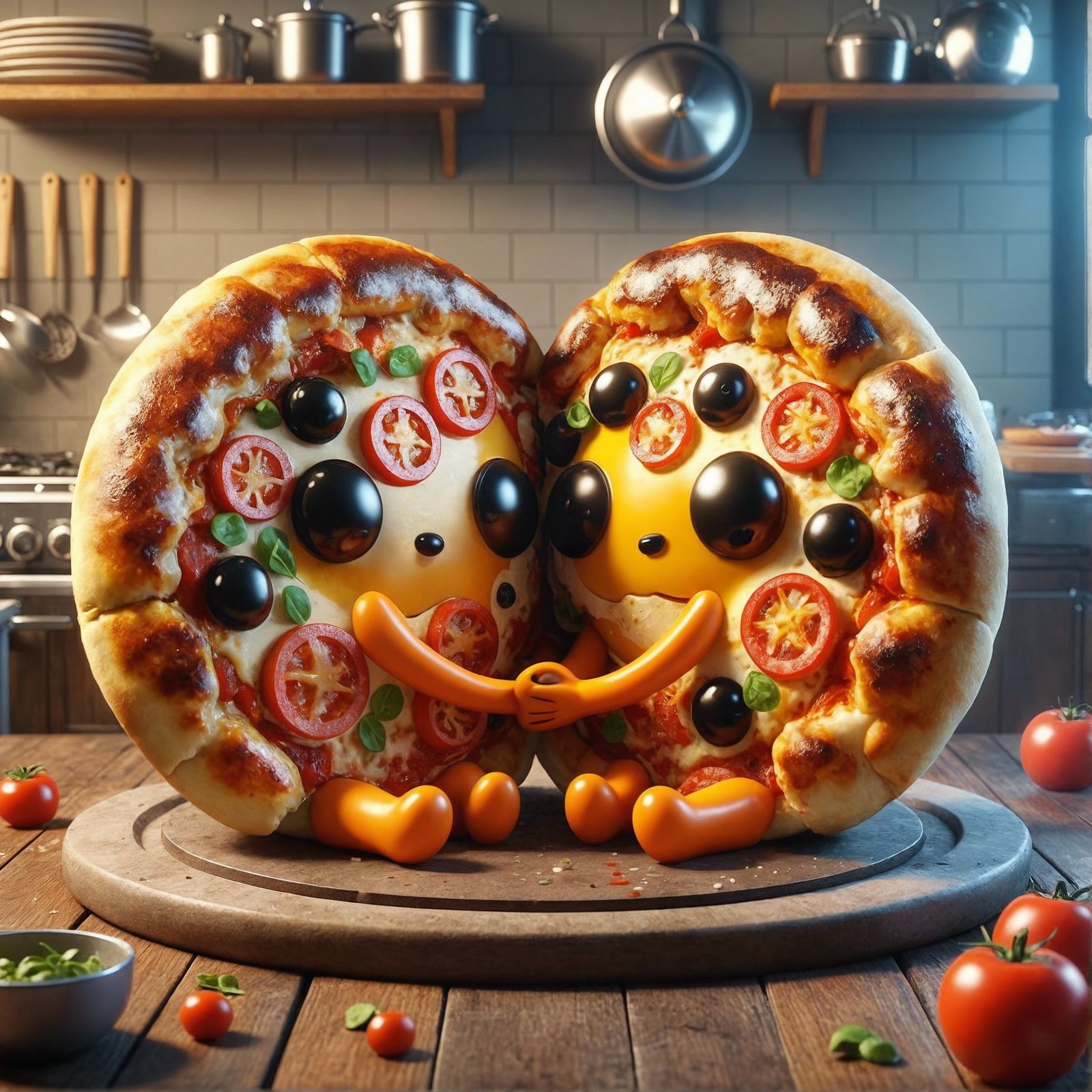 Vibrant Cartoon Pizzas Share an Embrace in Cozy Kitchen