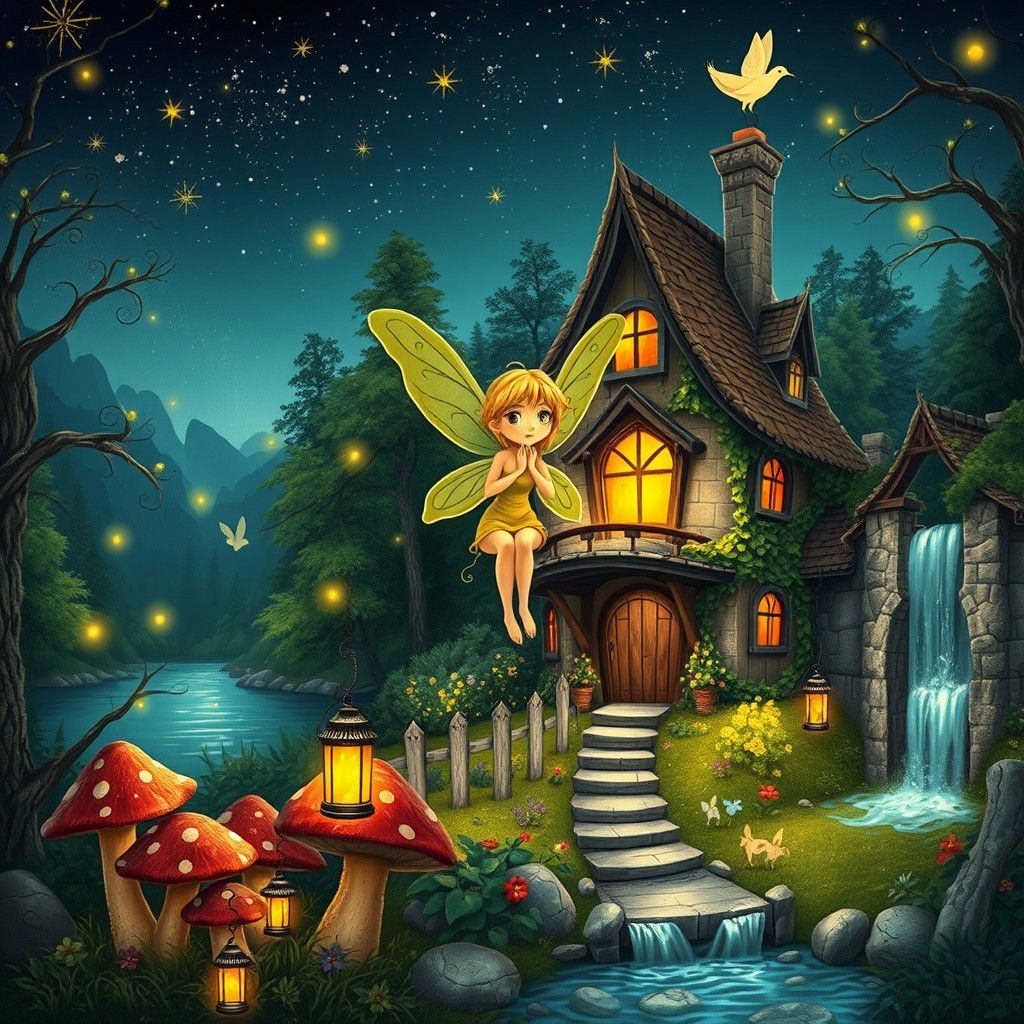 Whimsical Fairy in Enchanted Forest with Magical House and F...