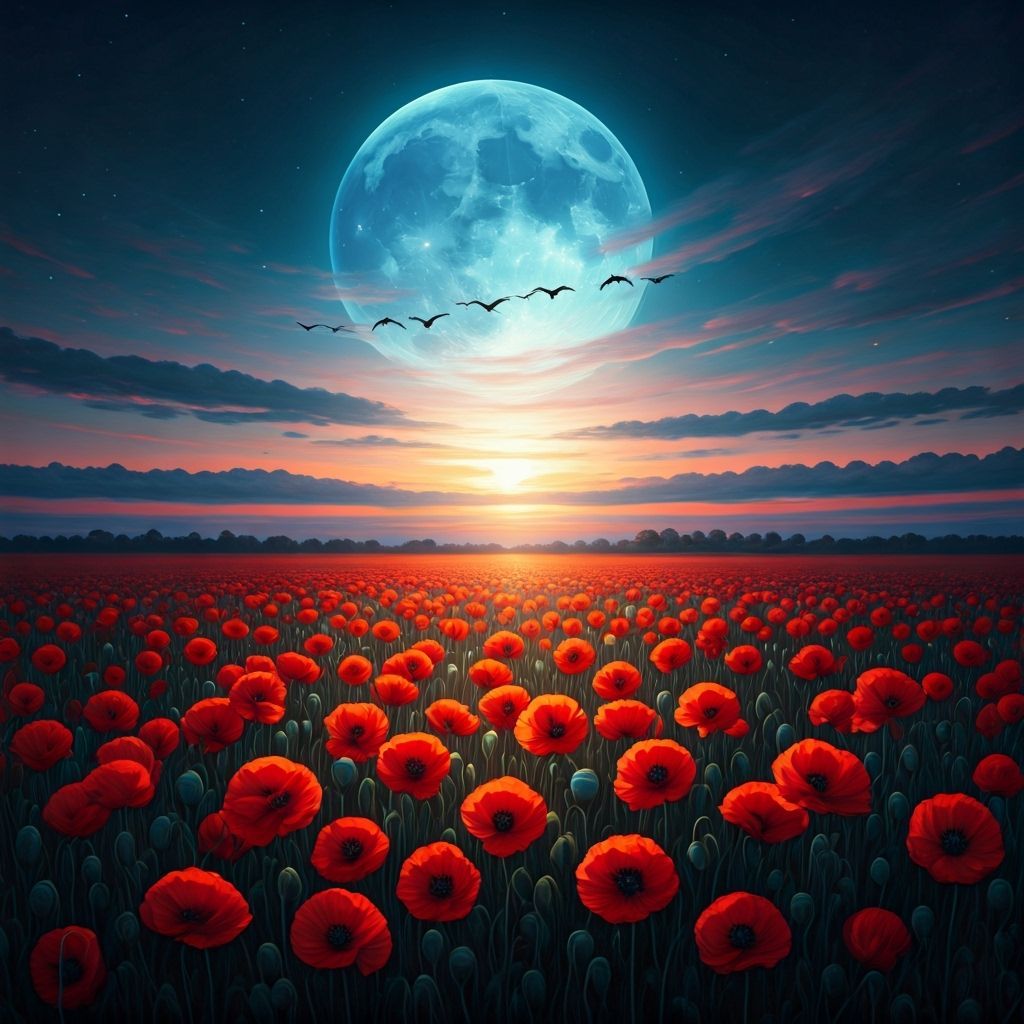 Poppy Field at Twilight in Surrealist Style
