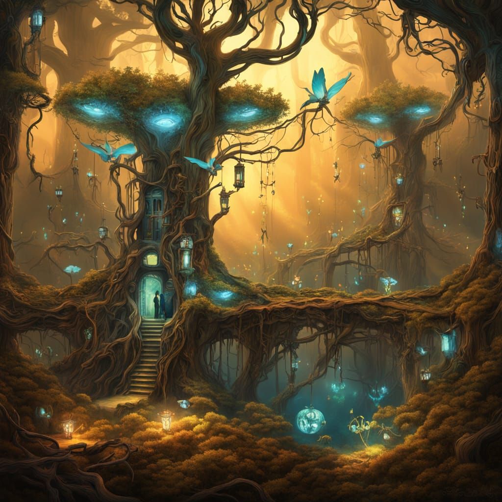 Surreal Forest with Bioluminescent Vines, in Dali Style
