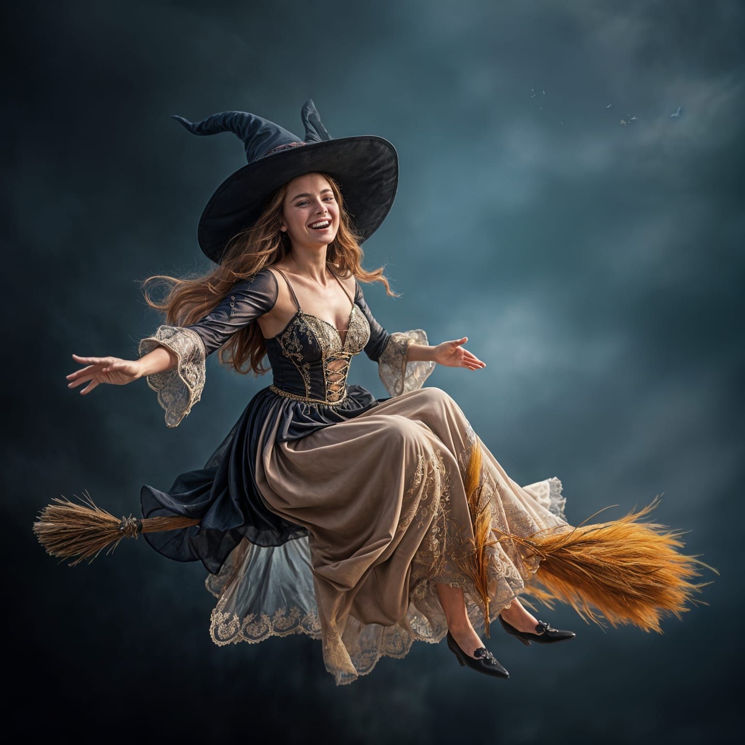 A Happy Witch Soars Through the Air in Photorealistic Detail