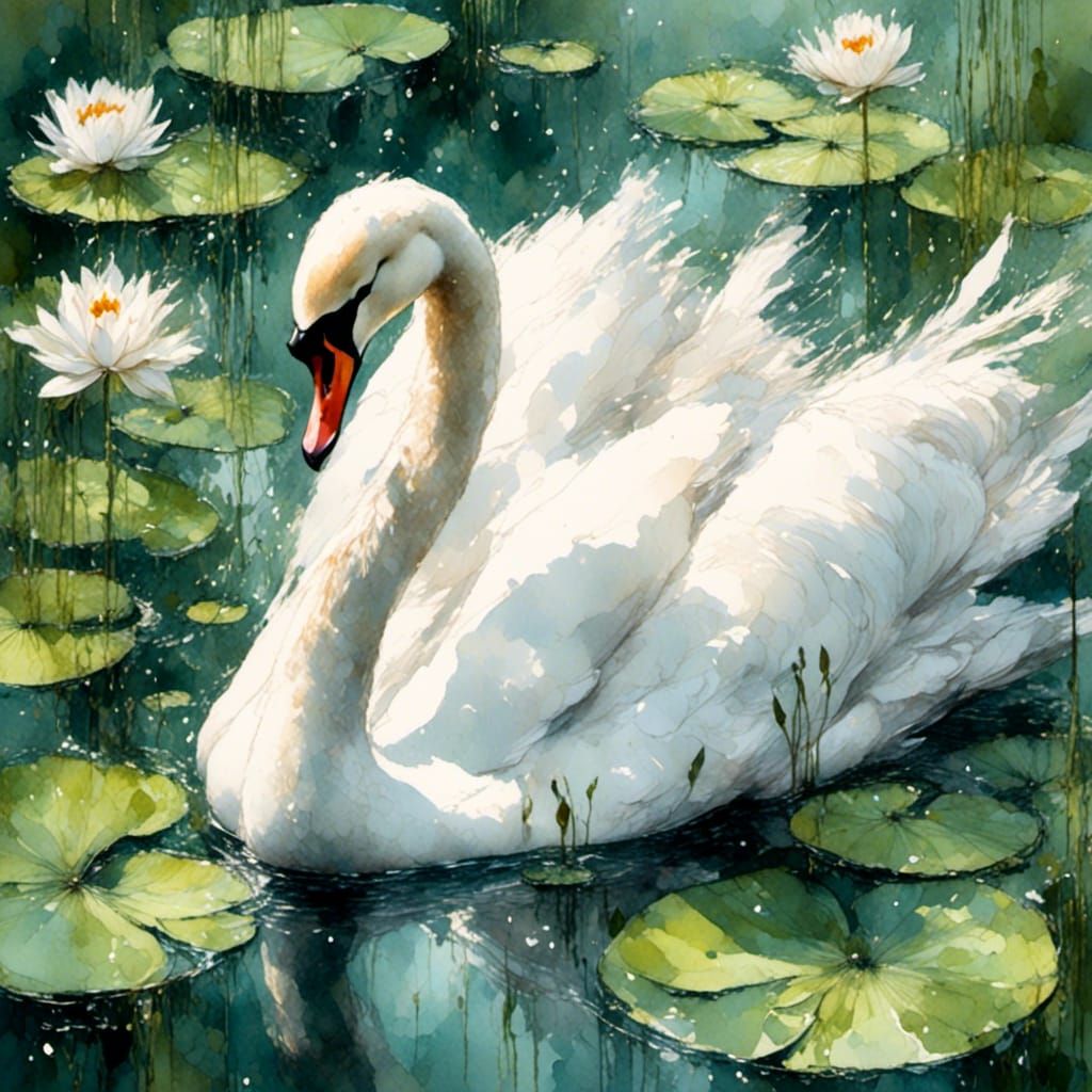 Surreal Impressionist Swan Amidst Lush Lily Pads in Soft Foc...