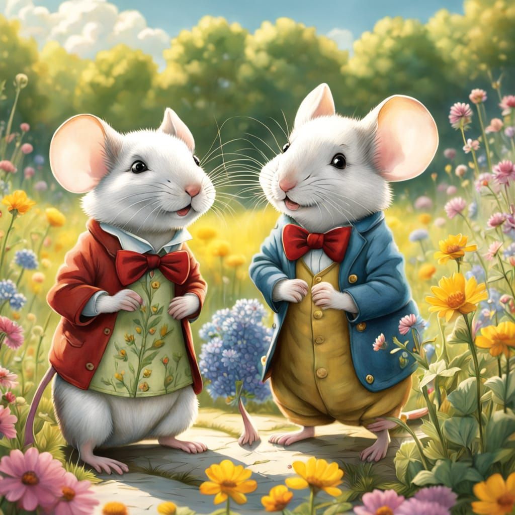 Adorable Cartoon Mice in Whimsical Meadow