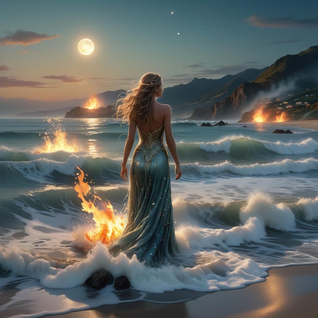Ocean Goddess Emerges from Foaming Waves in Dreamlike Beach...