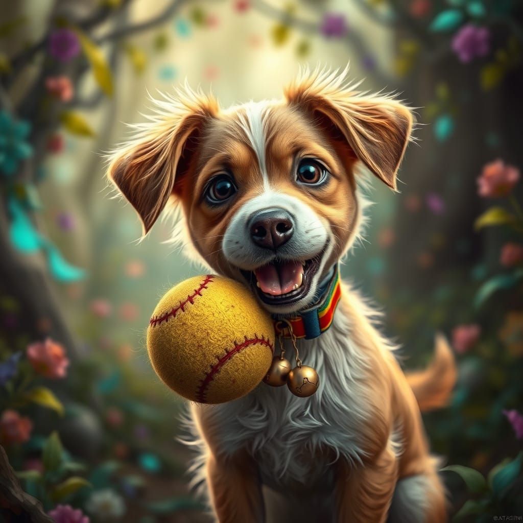 Whimsical Dog Holds Vibrant Tennis Ball in Dreamlike Landsca...