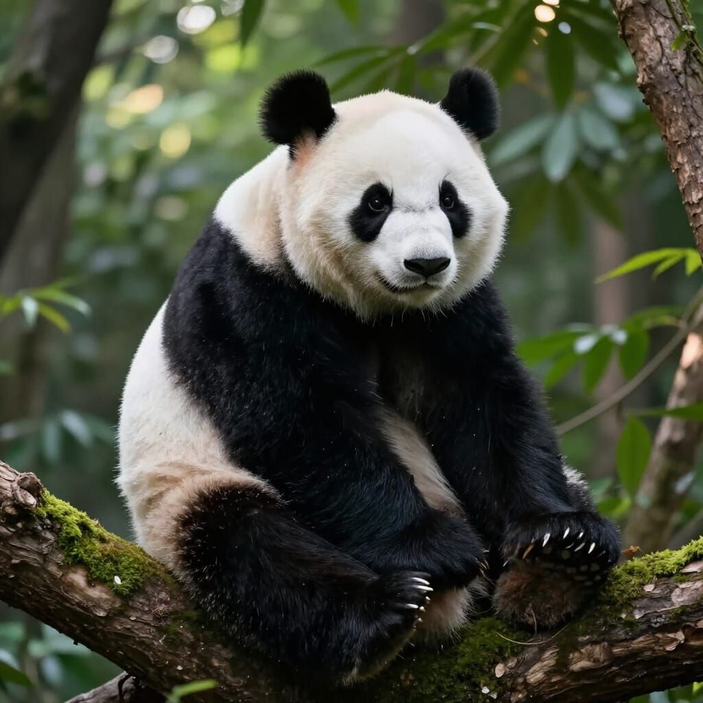 Photorealistic Giant Panda Resting on Mossy Tree Branch