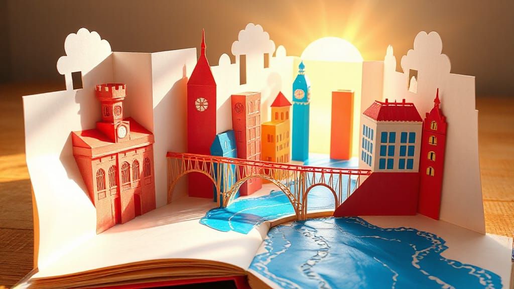 Vibrant Pop-Up Book Cityscape With Paper River