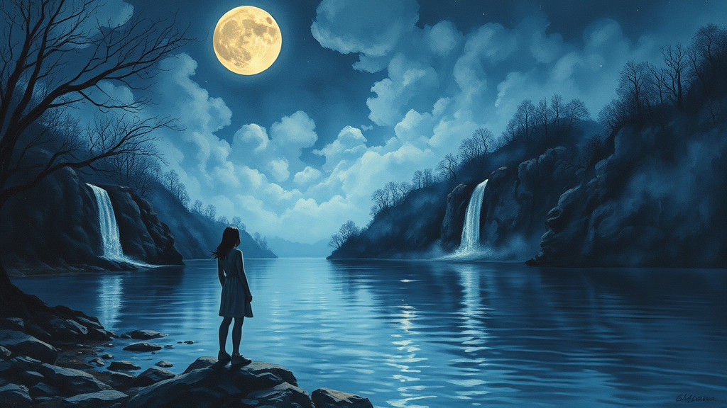 Mysterious Moonlit River Scene in Vibrant Impasto Style