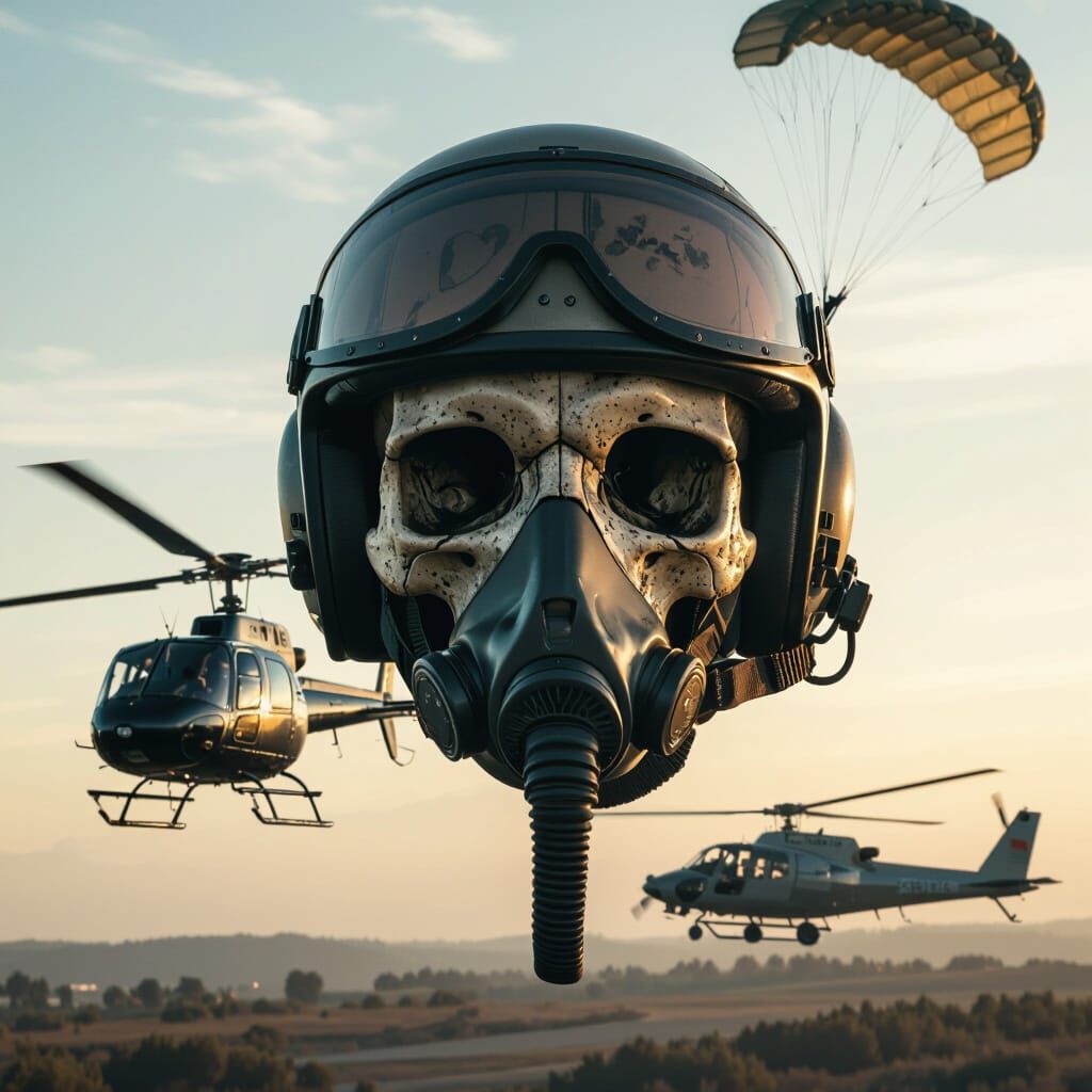 Skull Pilot Between Helicopters in Ash Thorp Style