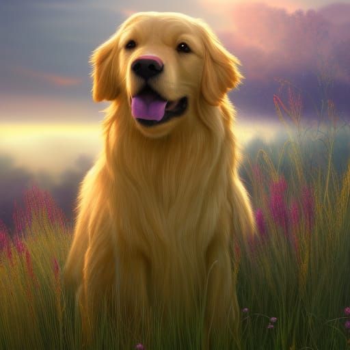 Realistic Golden Retriever in a Detailed Sunrise Meadow