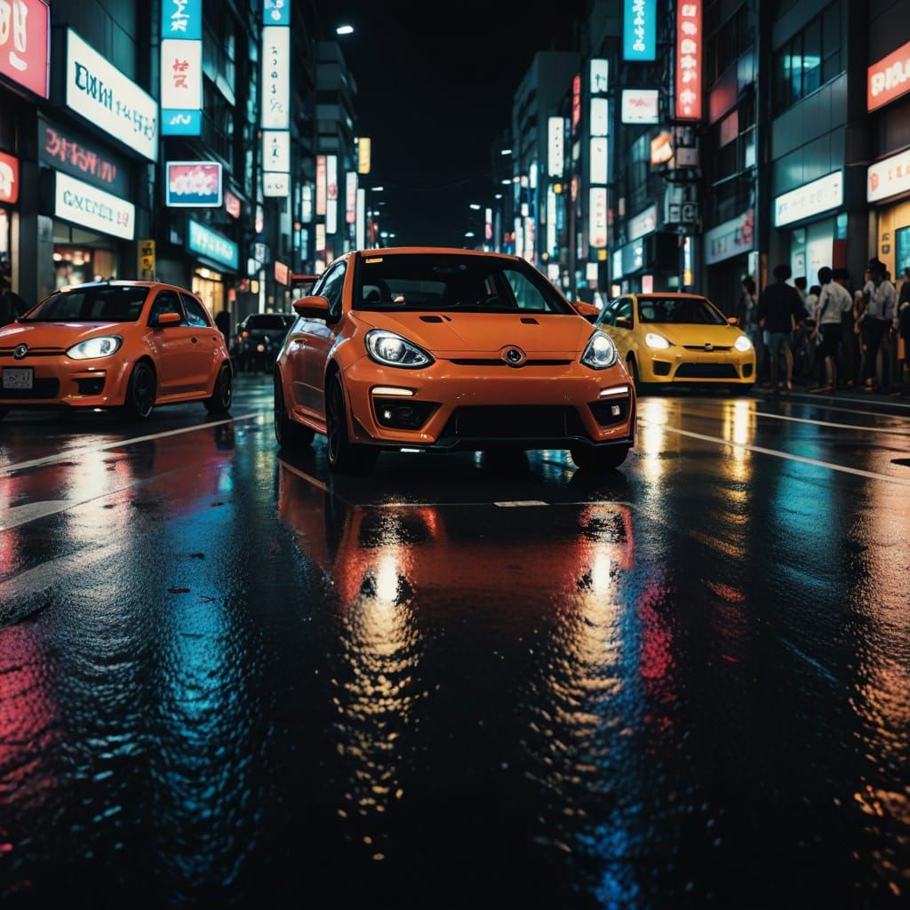 Micro Cars Racing at Night in Tokyo Streets