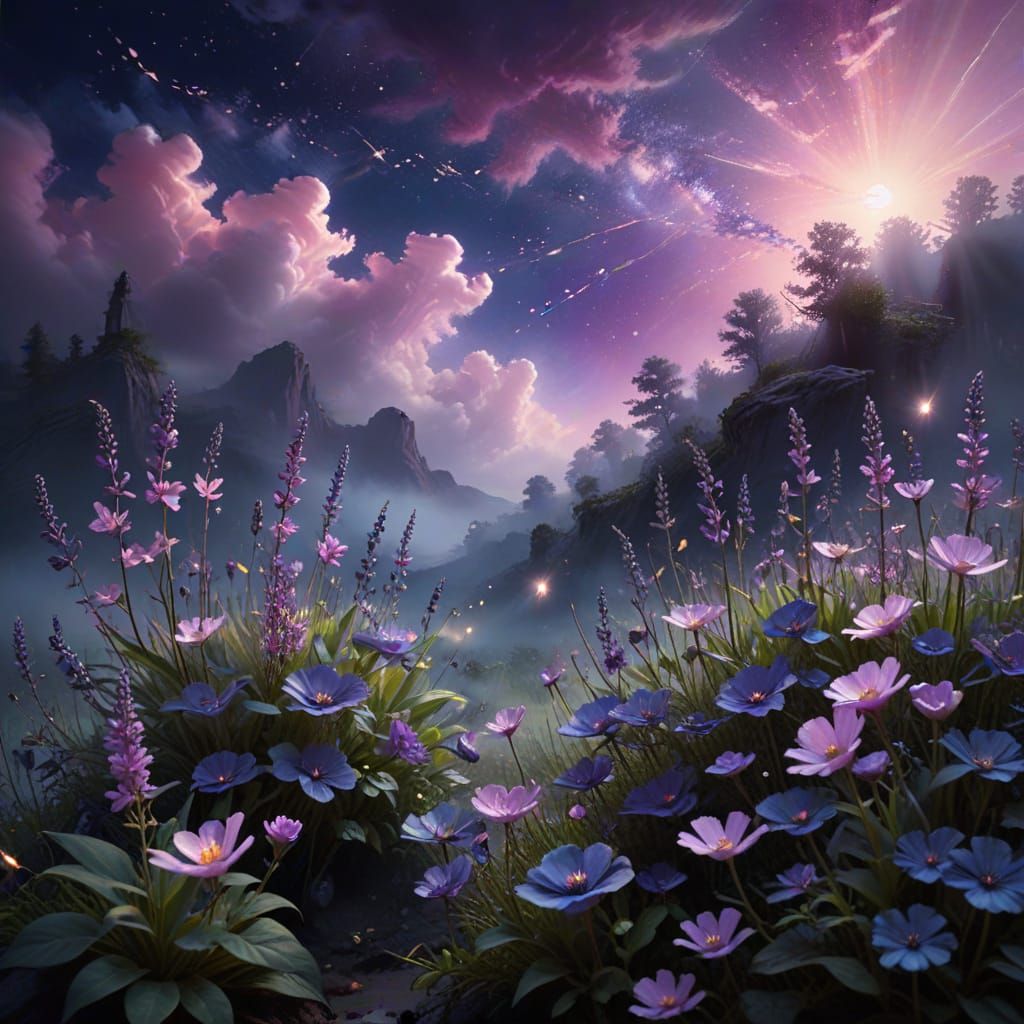 Luminous Florals Under Mystical Purple Sky