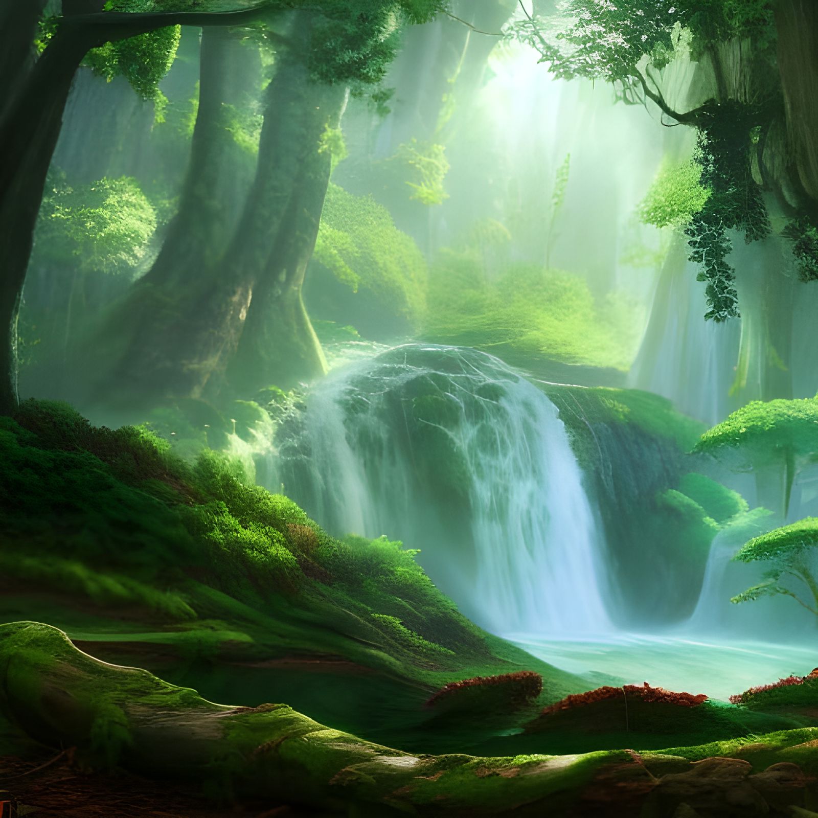 Lush Forest Waterfall in Detailed Matte Painting