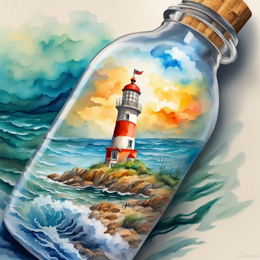 Ethereal Coastal Scene within a Bottle, Gouache Masterpiece....
