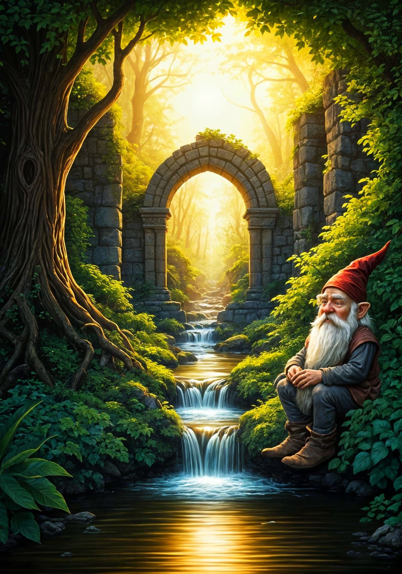 Wise Gnome Amidst Ancient Ruins in Vibrant Renaissance Style