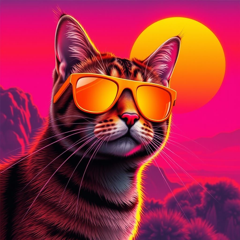 80s Synthwave Cat in Neon Orange Grid