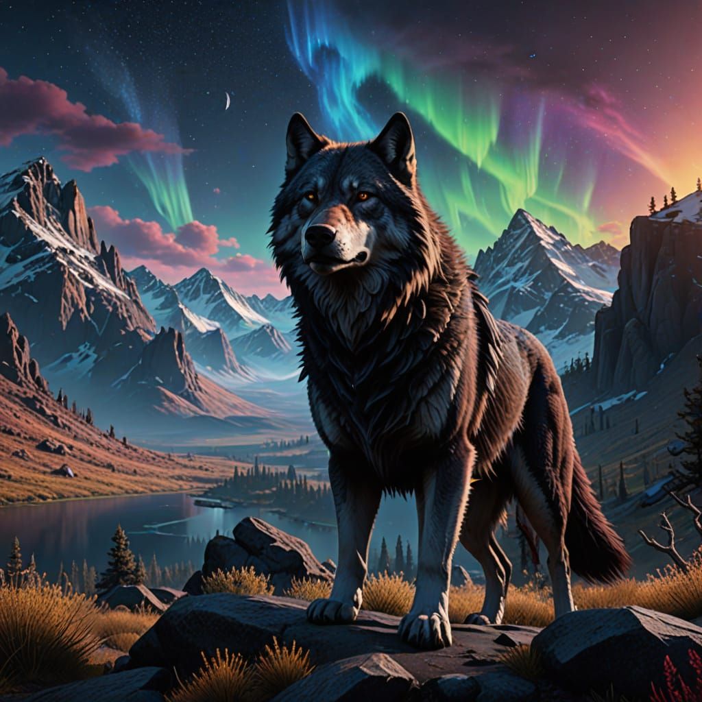 Surreal Wolf Unleashes Cinematic Borealis on Snowy Mountain ...