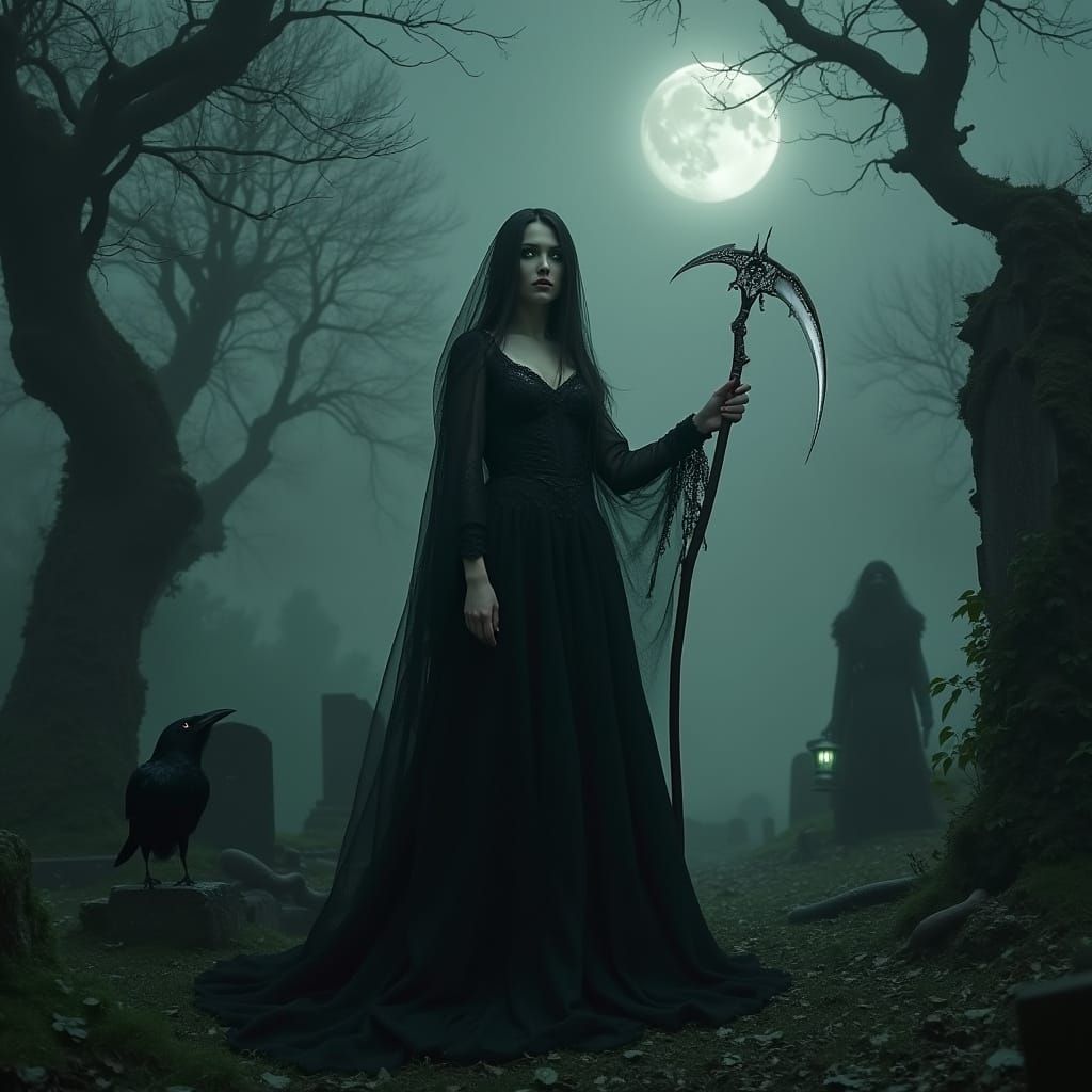 Gothic Reaper Goddess in Dark Cemetery