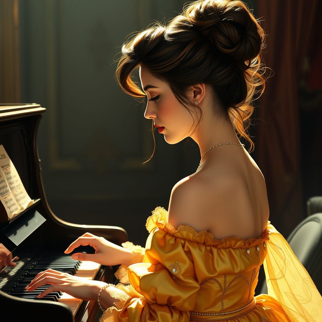 Woman Plays Piano in Art Nouveau Style