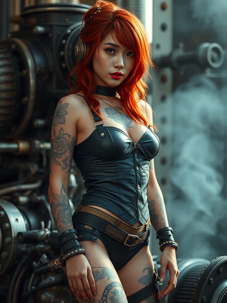 Steampunk Woman with Sci-Fi Tattoos and Engine