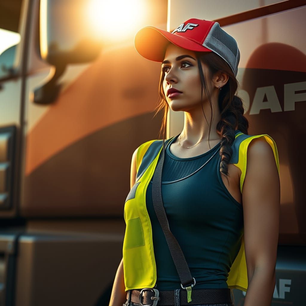 Woman Trucker in Sunlight: Photorealistic Digital Art