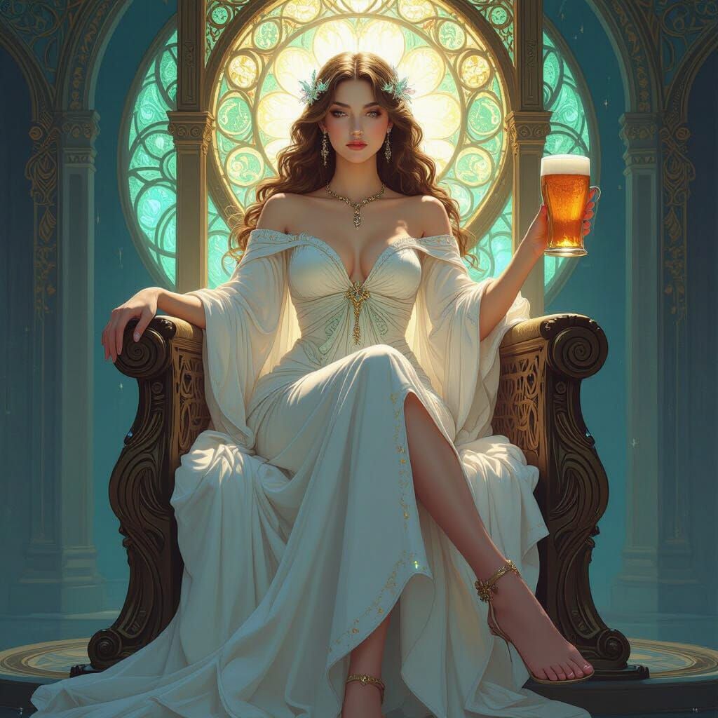 Ethereal Goddess on Celestial Throne in Art Nouveau Style