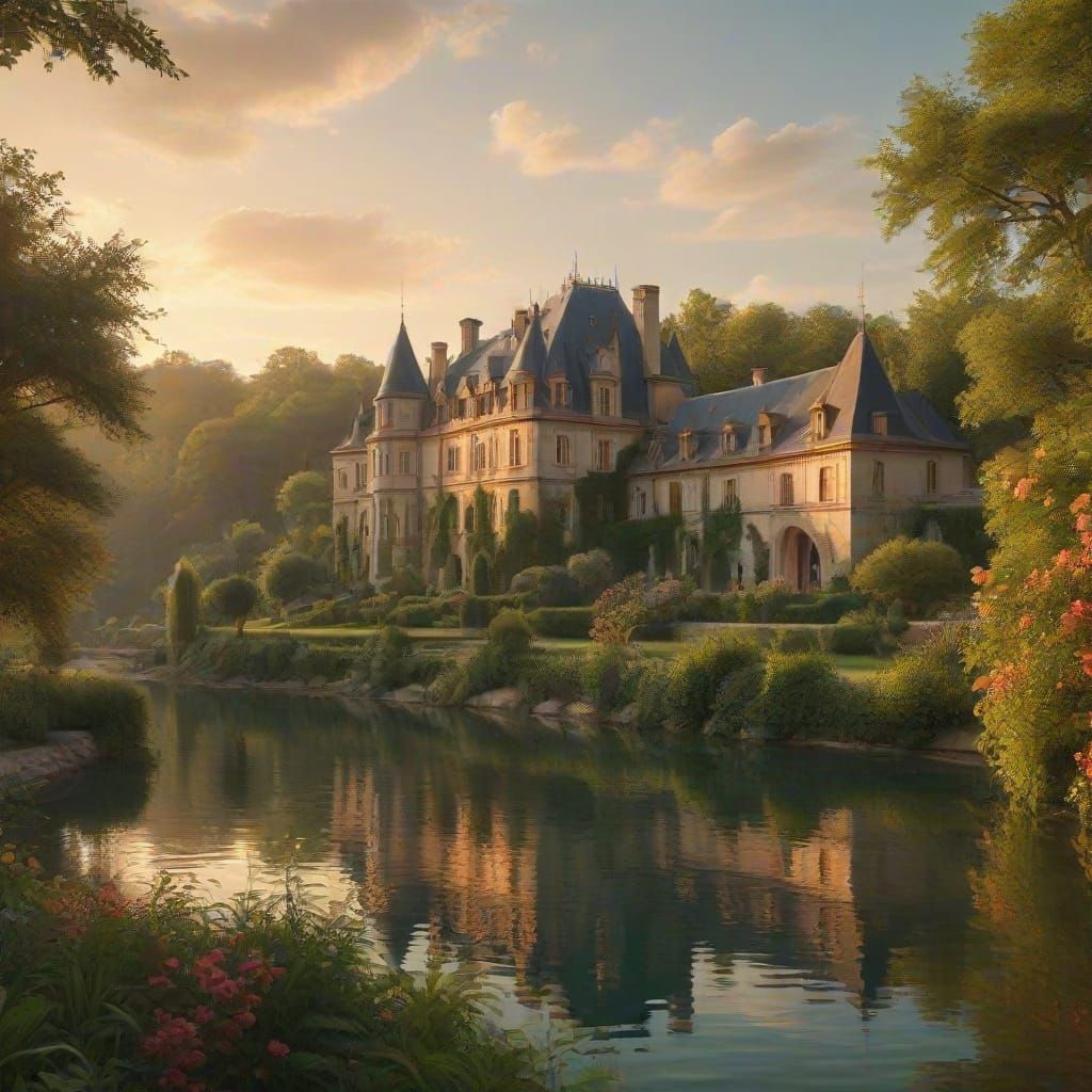 Ethereal French Chateau in Golden Hour