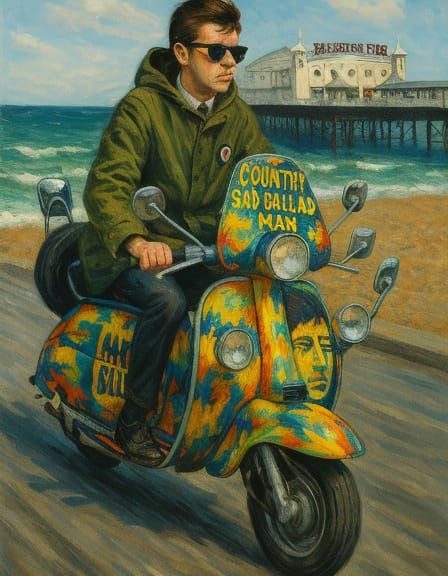 Mod Rider Speeds Along Brighton Beach with Vibrant Street Ar...