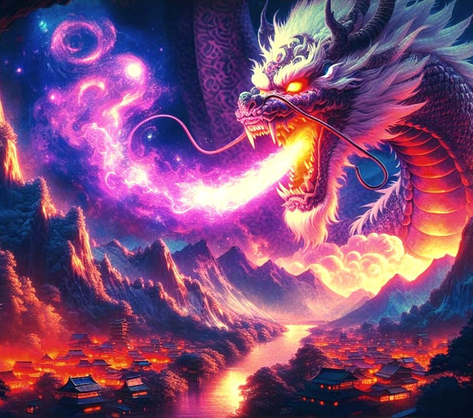 Majestic Oni Dragon Surveys Vintage Japanese Village