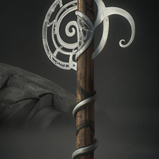 Epic Grey Wood Staff in Ancient Runes Style Digital Painting