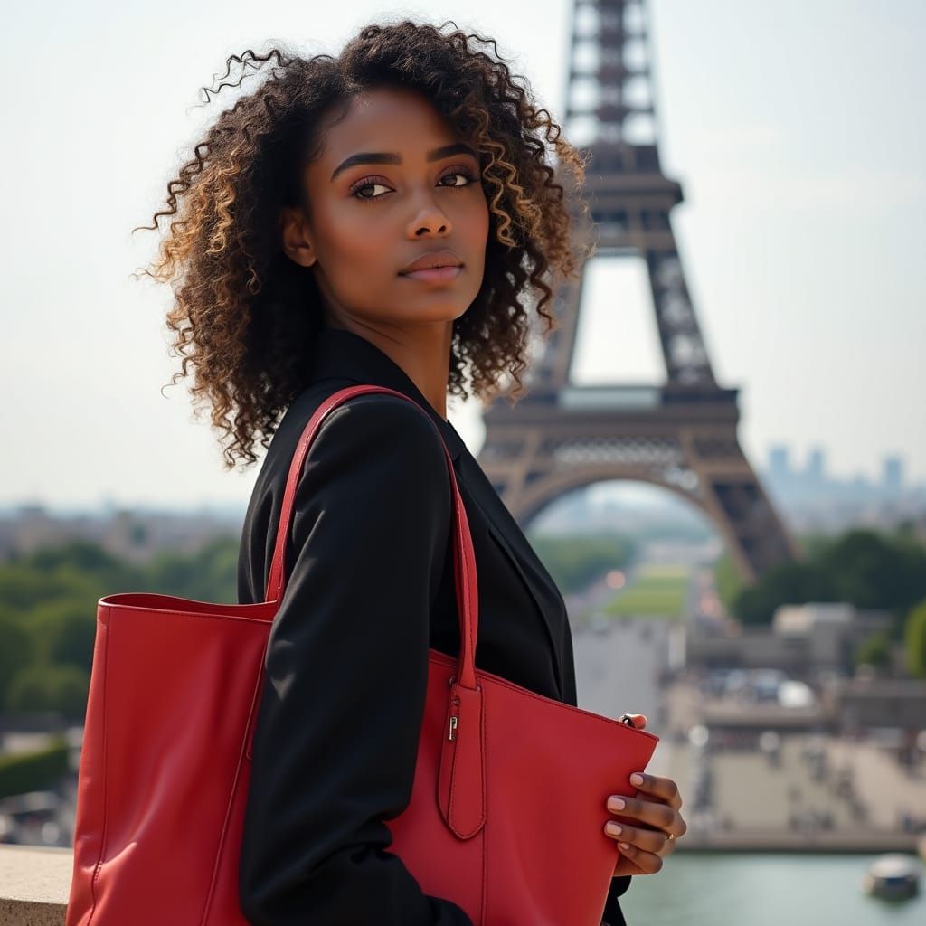 Elegant Parisian Woman with Vibrant Hair and Red Leather Bag...