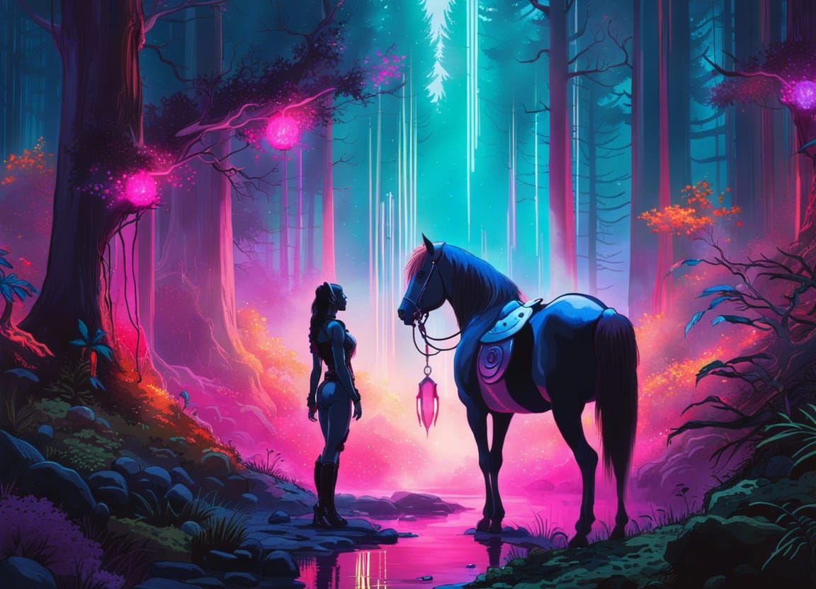 Surreal Cyberpunk Centaur in Futuristic Fairytale Forest